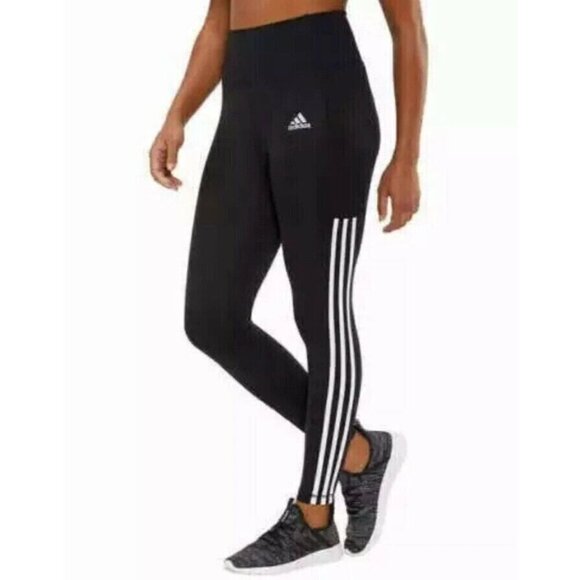 NEW Adidas Womens S Aeroready Black High-Waisted Leggings Striped - Picture 1 of 8